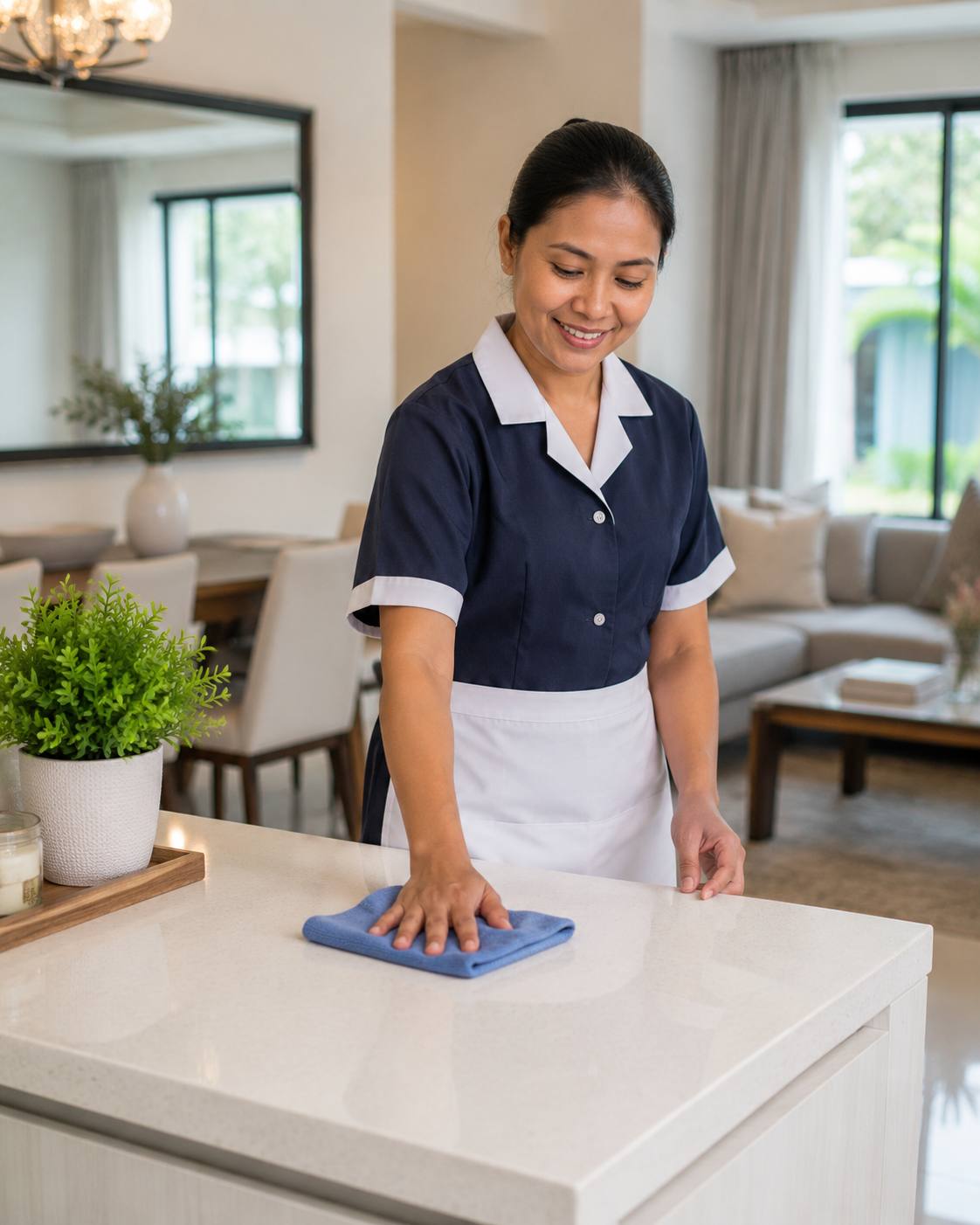 A uniformed domestic helper wiping a kitchen counter