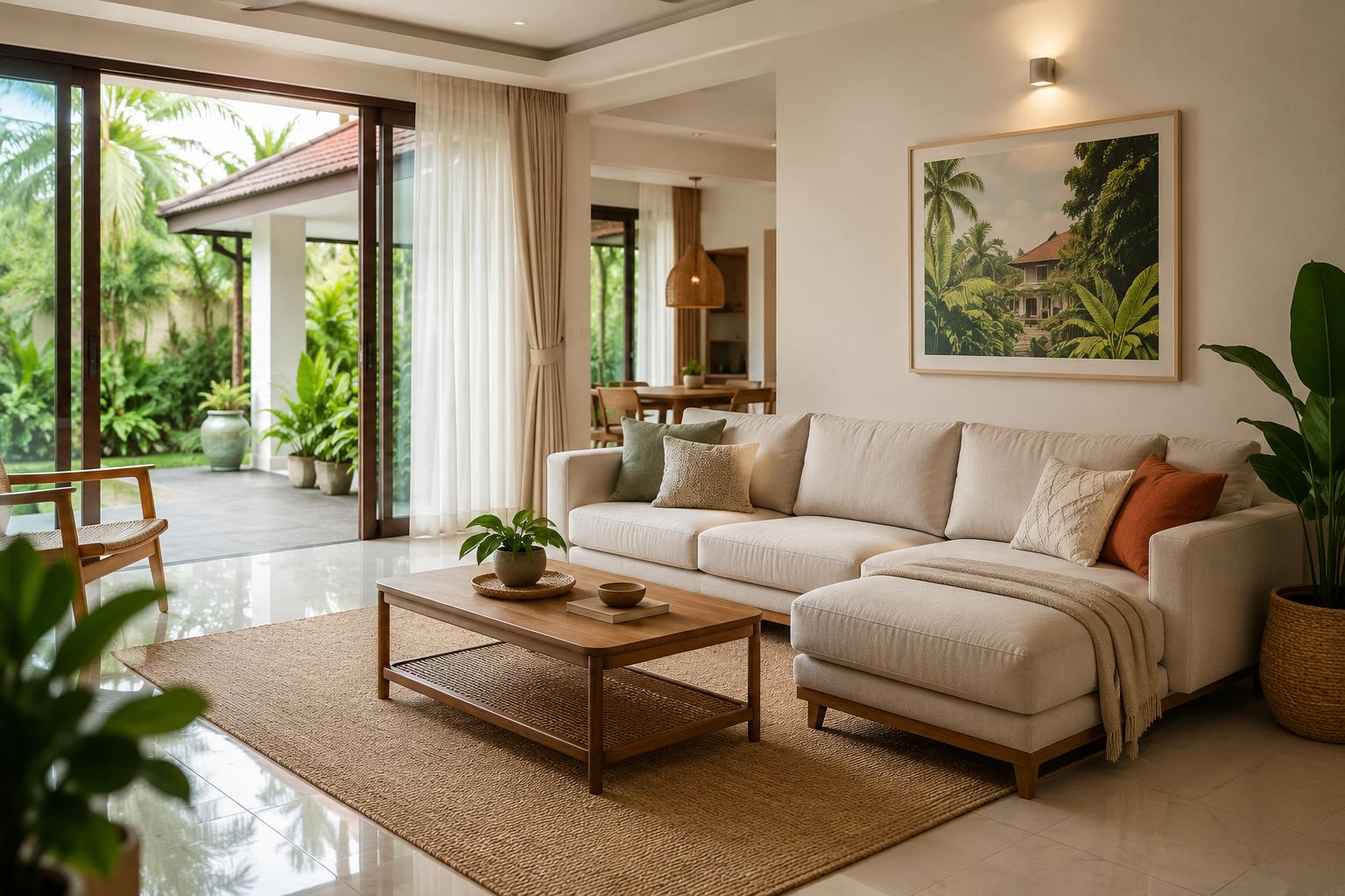 A bright, airy living room opening onto a tropical garden
