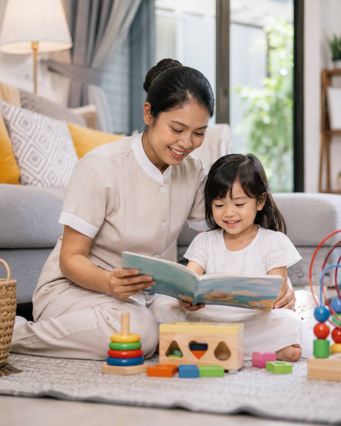 A uniformed domestic helper reading a picture book with a young child